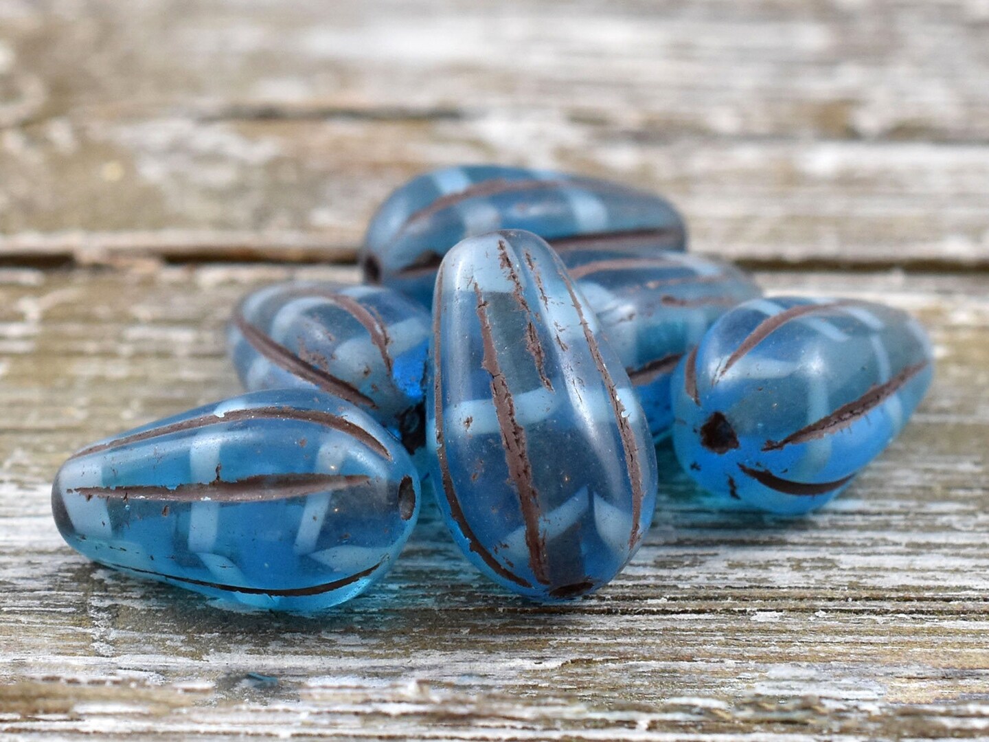*10* 15x8mm Brown Washed Caribbean Blue Melon Drop Beads