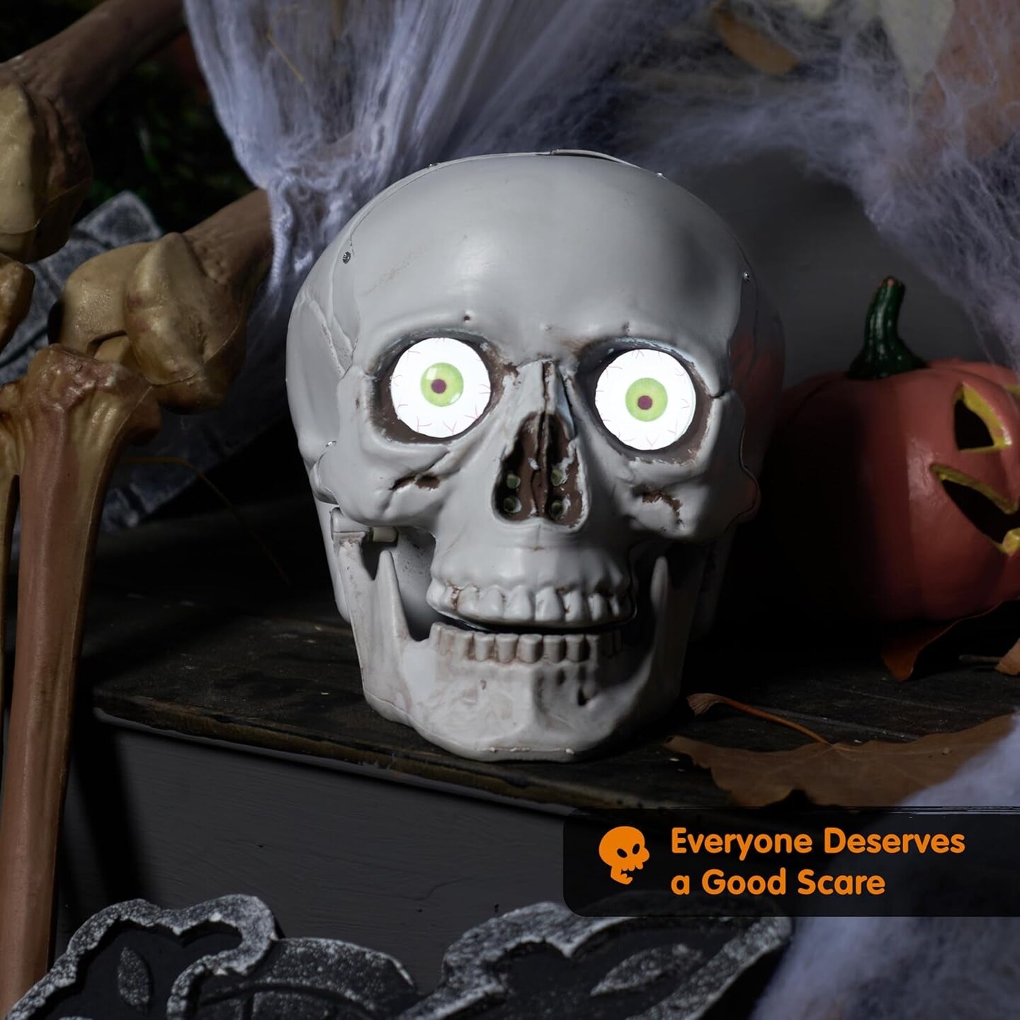 Skull Halloween Decorations Indoor Table Desk Home Decor Haunted House Halloween Animatronics Sound Activated LED Lights up Eyes Party Supplies Animated Skull Scary Moving Eyeballs