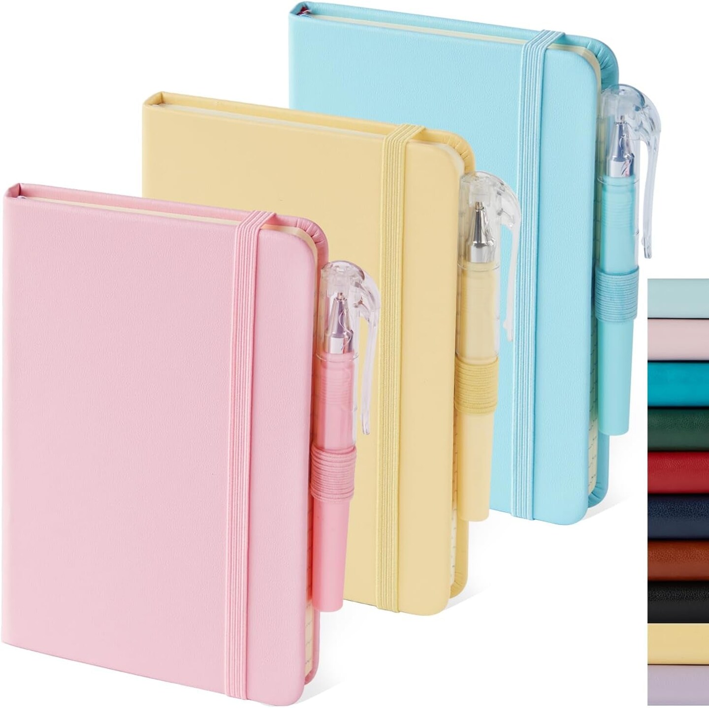 Small Notebook Journal with Pen Mini Pocket Leather Journal for Women Small Notepad Pocket Size for Work Note Taking Organization, Pink, Yellow, Sky Blue Note Book