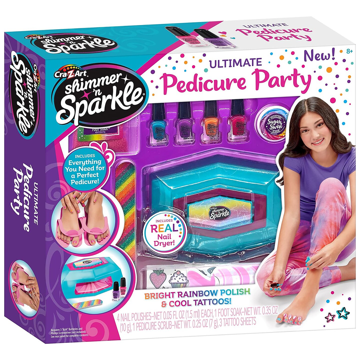 Cra-Z-Art Shimmer ‘N Sparkle: Ultimate Pedicure Party - Includes Real Nail Dryer, Bright Rainbow Nail Polish & Cool Tattoos, Girls & Kids, Ages 8+