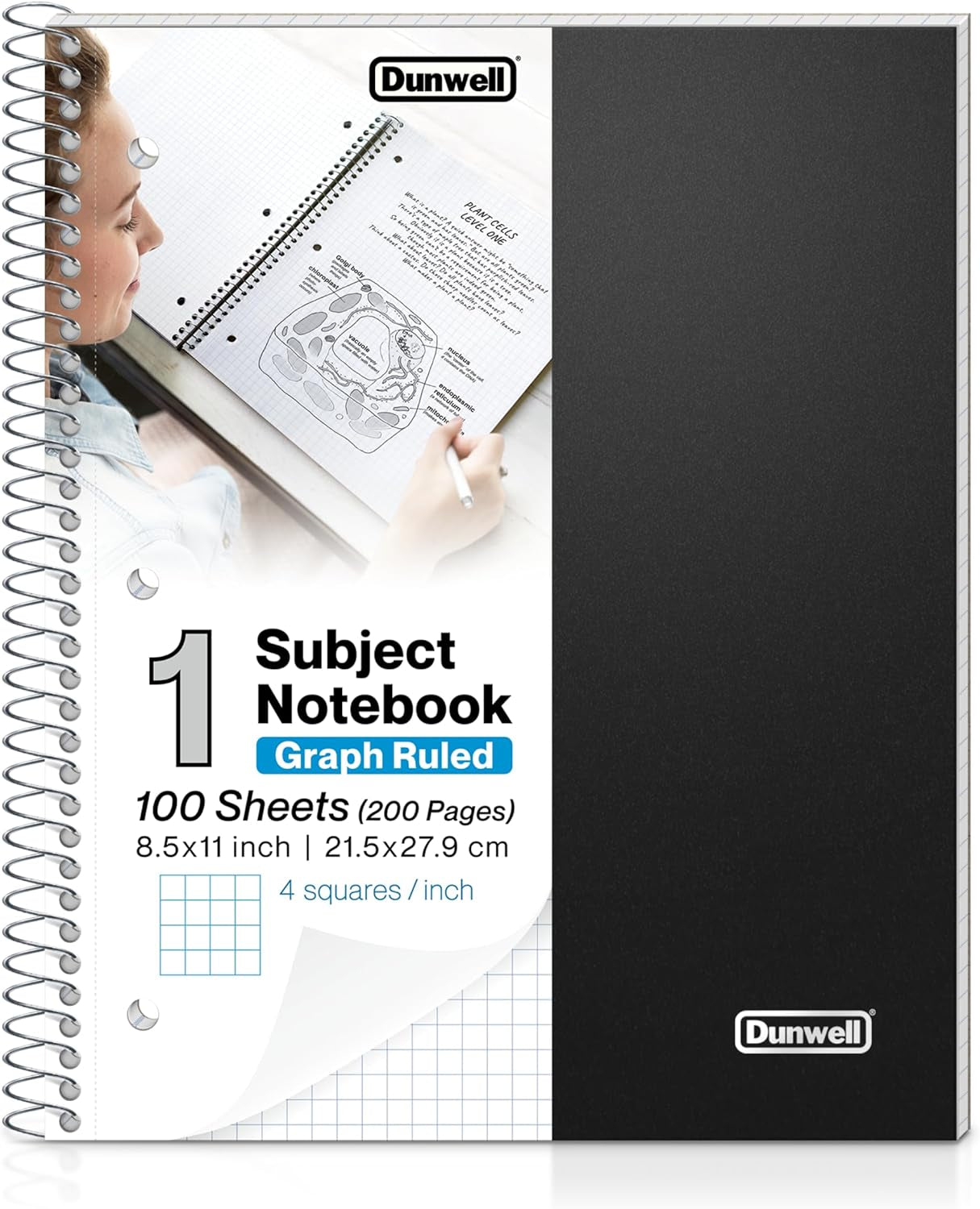 Graph Paper Notebook 8.5 X 11 (Black) Plastic Cover, 100 Sheets, 1 Subject 4X4 Graph Ruled Notebook, Graph Paper Spiral Notebook, 1/4&#x22; Grid Graphing Notebook, Durable Poly Divider with Pockets