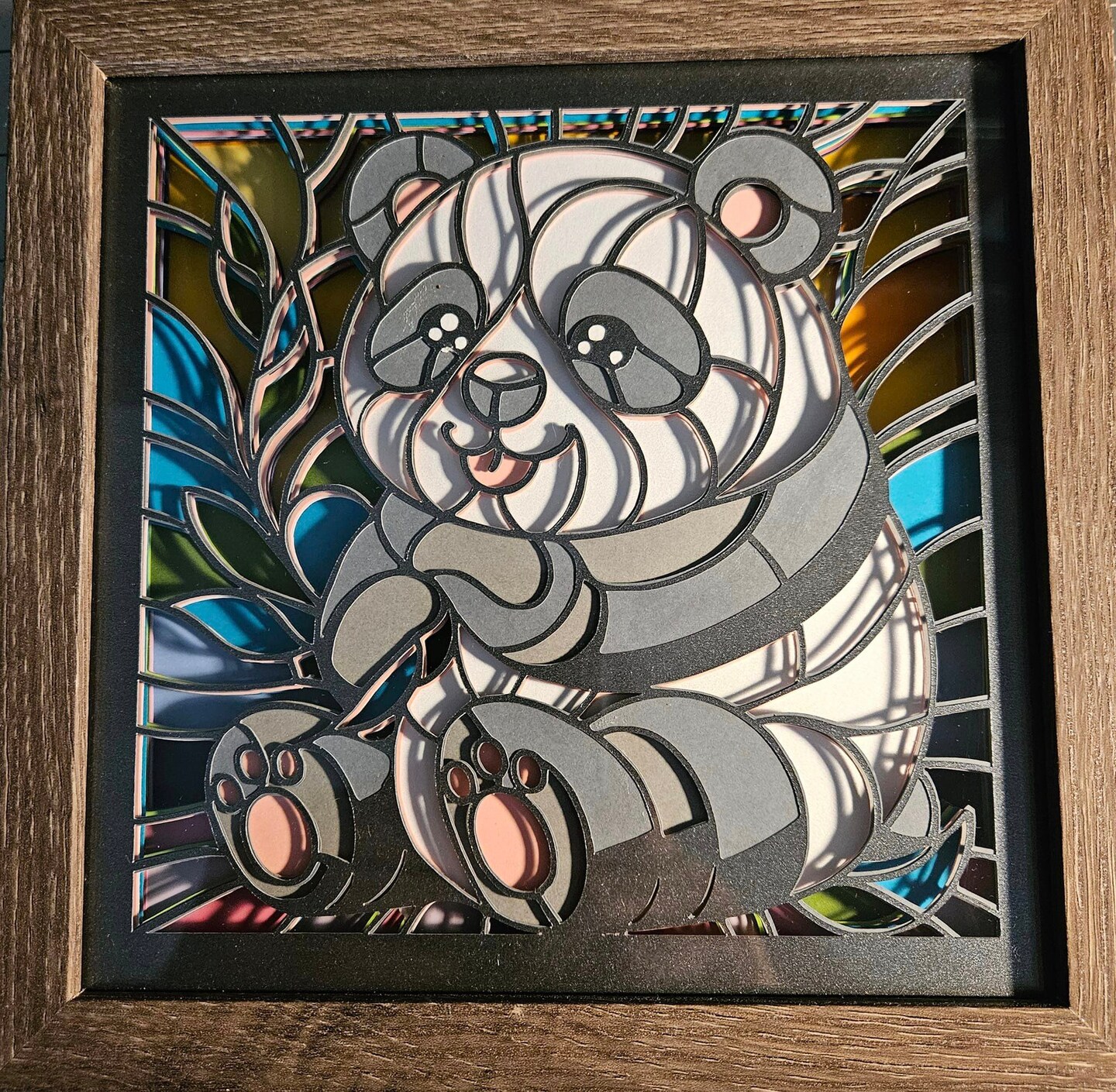 Panda Faux Stained Glass 8x8 3D Shadow Box Art | MakerPlace