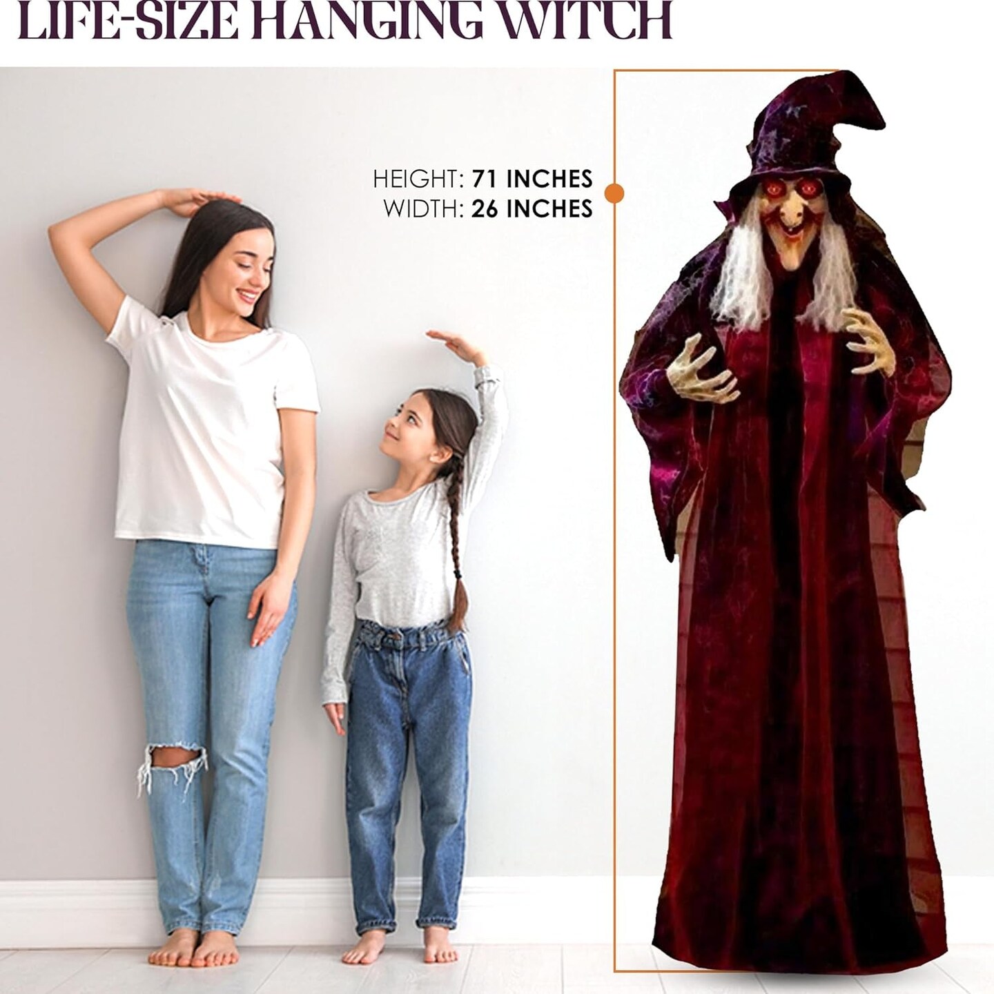 Life Size Hanging Talking Witch - Animated Halloween Witch with Sound Activation and Red Eyes for Outdoor &#x26; Indoor Decor - Old, Spooky and Scary Flying Animatronic Witch for Halloween Decorations