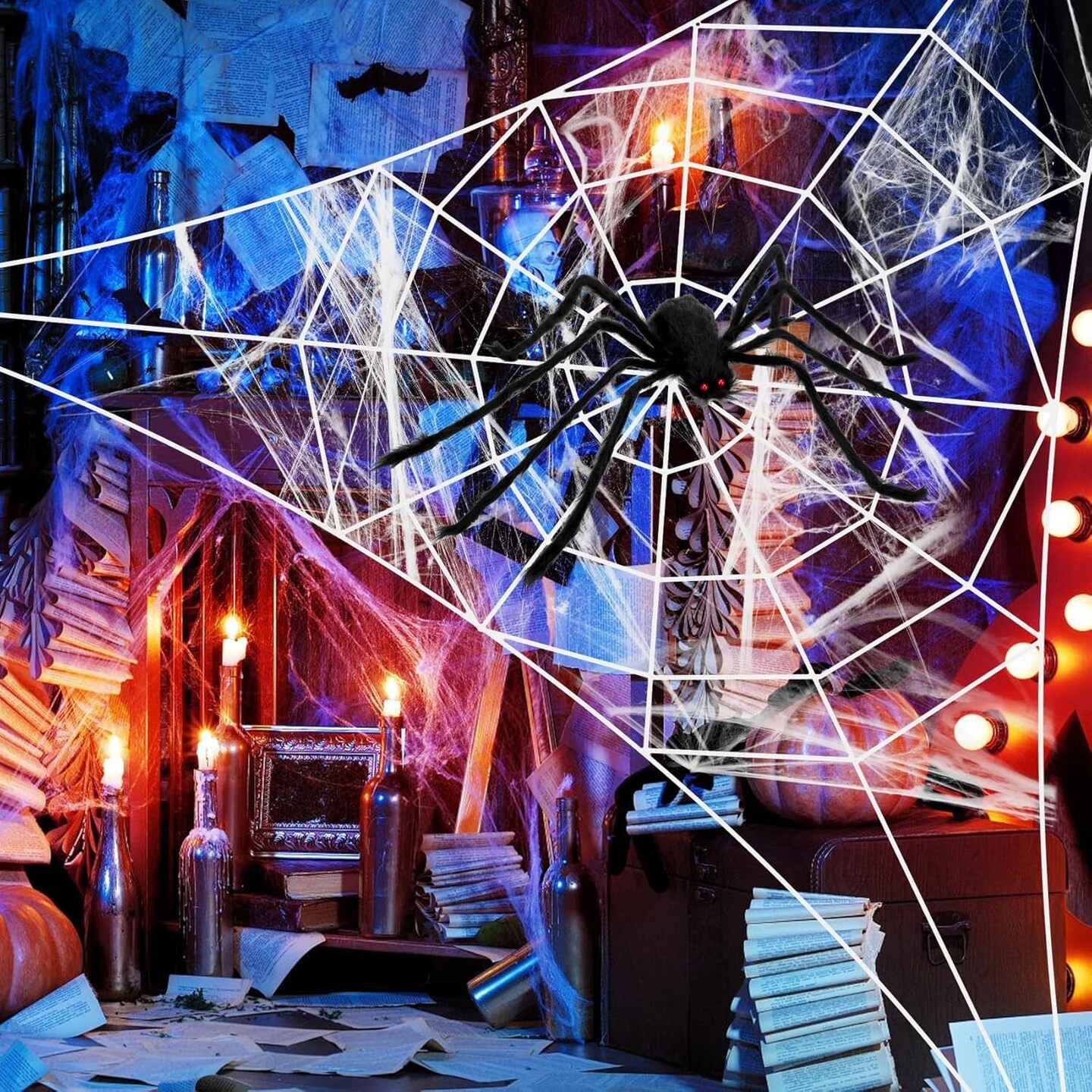 Halloween Decorations Outdoor, 17.7Ft Giant Spider Web and 47&#x22; Scary Spider, Large Spider Web for Party Lawn Yard Indoor Outdoor Halloween Decor