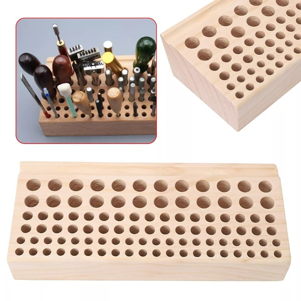 98 Holes Leather Craft Rack Wooden Holder Organizer Stand Punch Storage DIY Tool