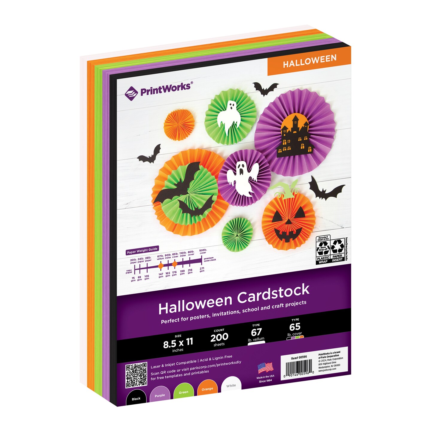 Printworks Halloween Cardstock, Includes Black, Purple, Green, Orange and White Cardstock, 8 ½” x 11”, 200 Sheets (00596)