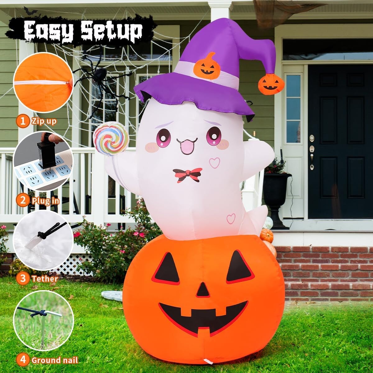 5 FT Halloween Inflatables Ghost Outdoor Decorations Blow up Yard Cute Ghost Sitting on Pumpkin Helding a Lollipop with Built-In Leds for Garden Lawn Indoor Party Decor