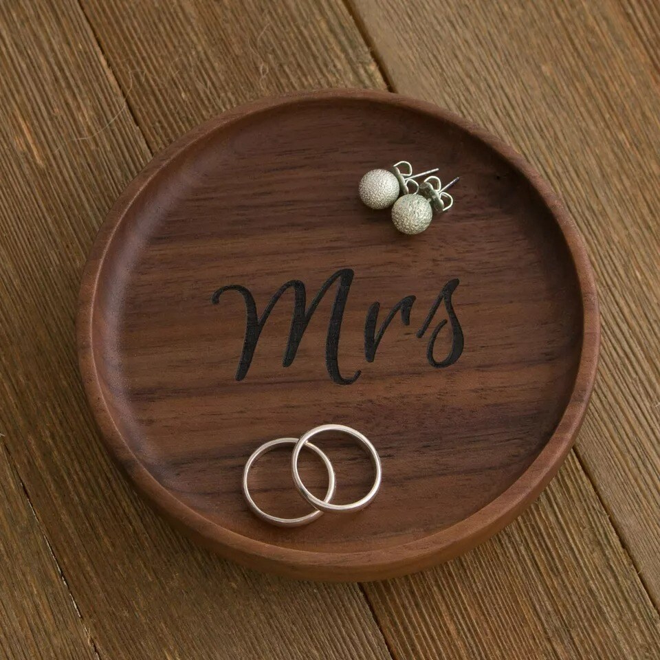 Mrs. Wooden Ring Holder Dish, Gift for Bride to Be, Wood Jewelry Tray (Mrs)