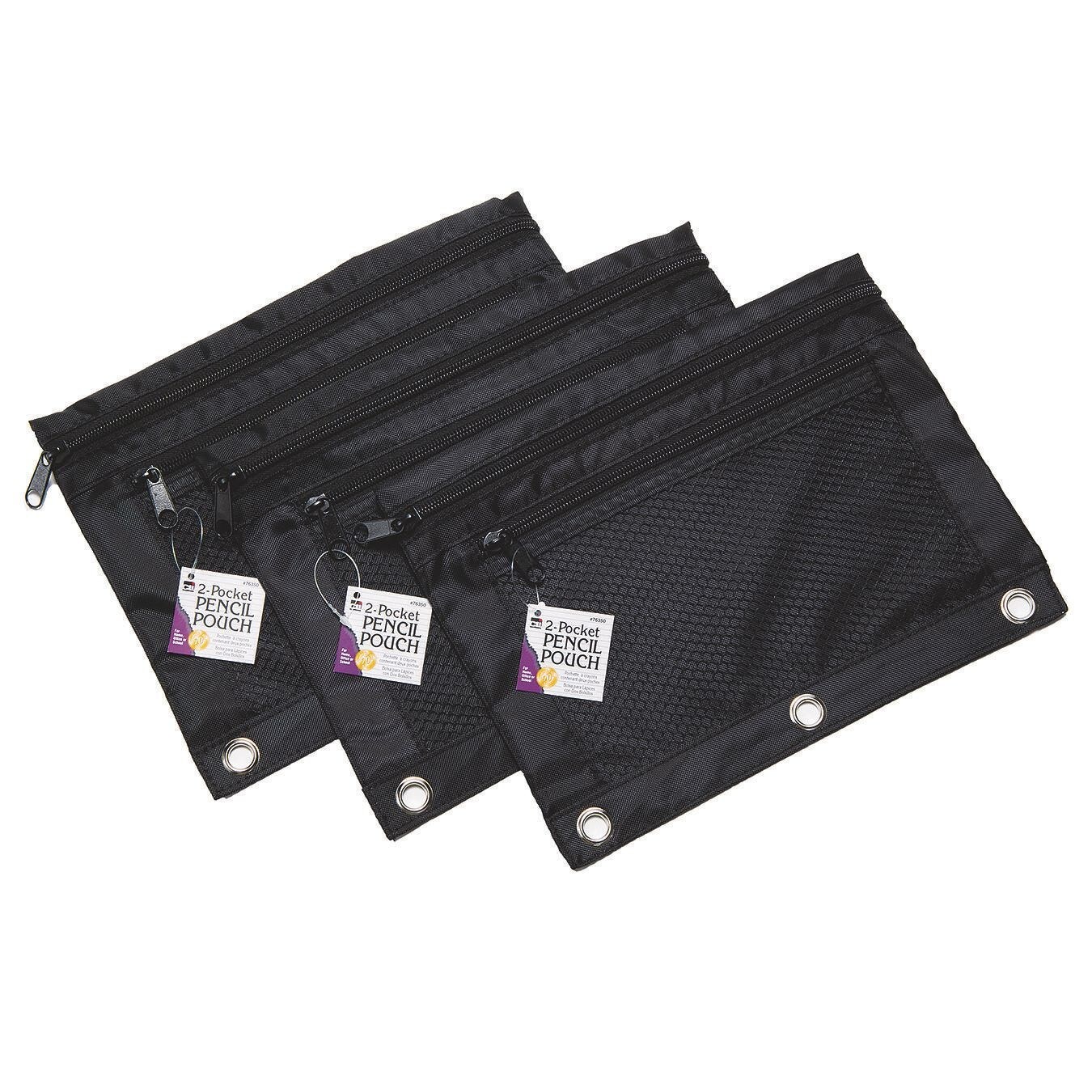 Pencil Pouch for Binder with 2 Zip Pockets &#x26; Front Mesh Pocket, Black (Pack of 3)
