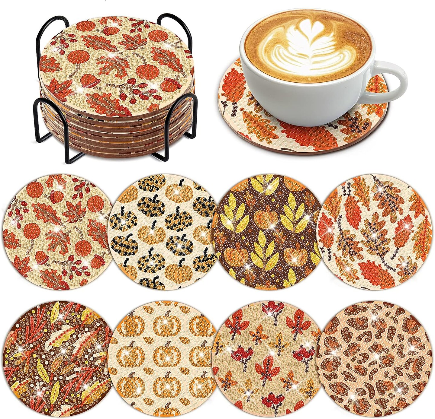 8 Pcs Fall Diamond Art Coaster Kit, Thanksgiving Pumpkin Maple