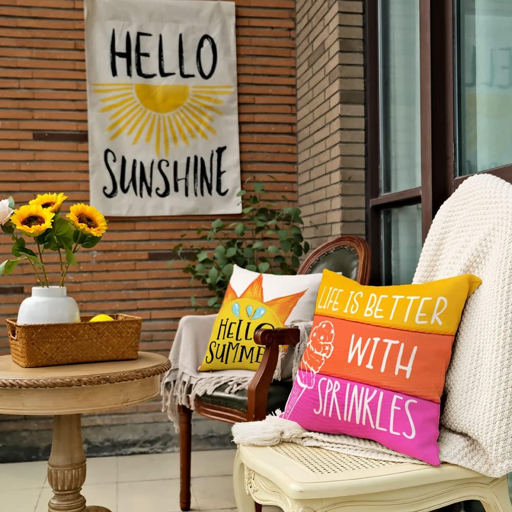 Summer Pillow Covers 18x18 Inch Set of 4 Popsicle Ice Cream Pillows Decorative Throw Pillows with Says Fun in The Sun Summer Decorations Farmhouse Decor Cushion Case for Sofa Couch G283-18