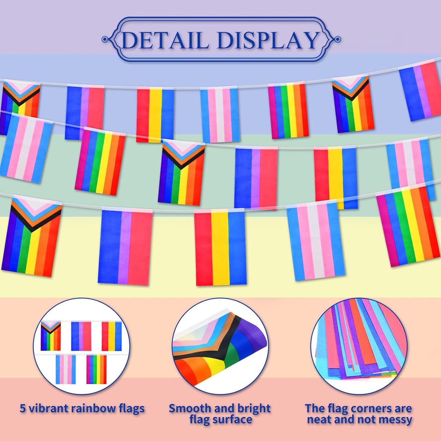 32.8ft Rainbow Pride Bunting Banner with 30 Pennant Flags - Gay LGBTQ+ Progress Pride Banner Flag, Colorful Stripes Bunting Banner for Pride Decorations, Pride Month, Home, School, Bars, Garden Decor