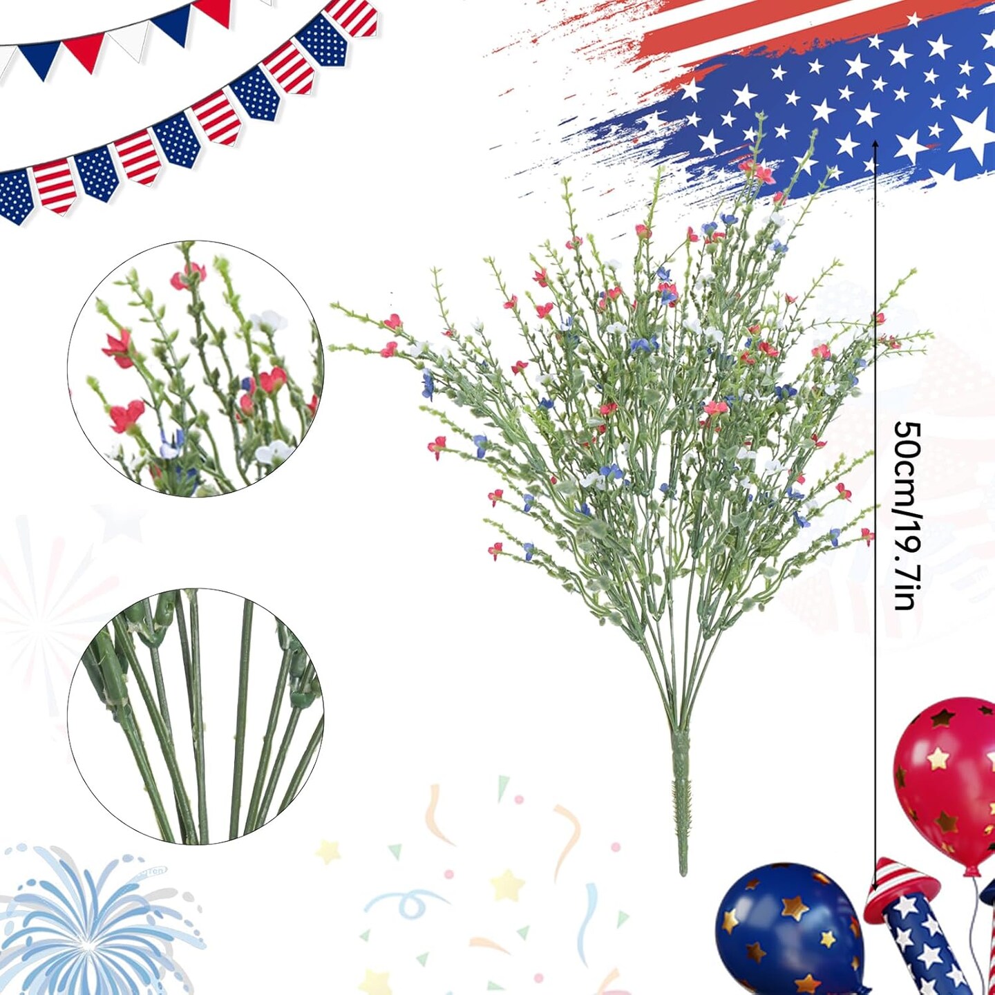 4th of July Artificial Red, White, and Blue Flowers - Patriotic Fake Wildflowers for Home Decor, Table Centerpieces, Weddings, and Party Decorations