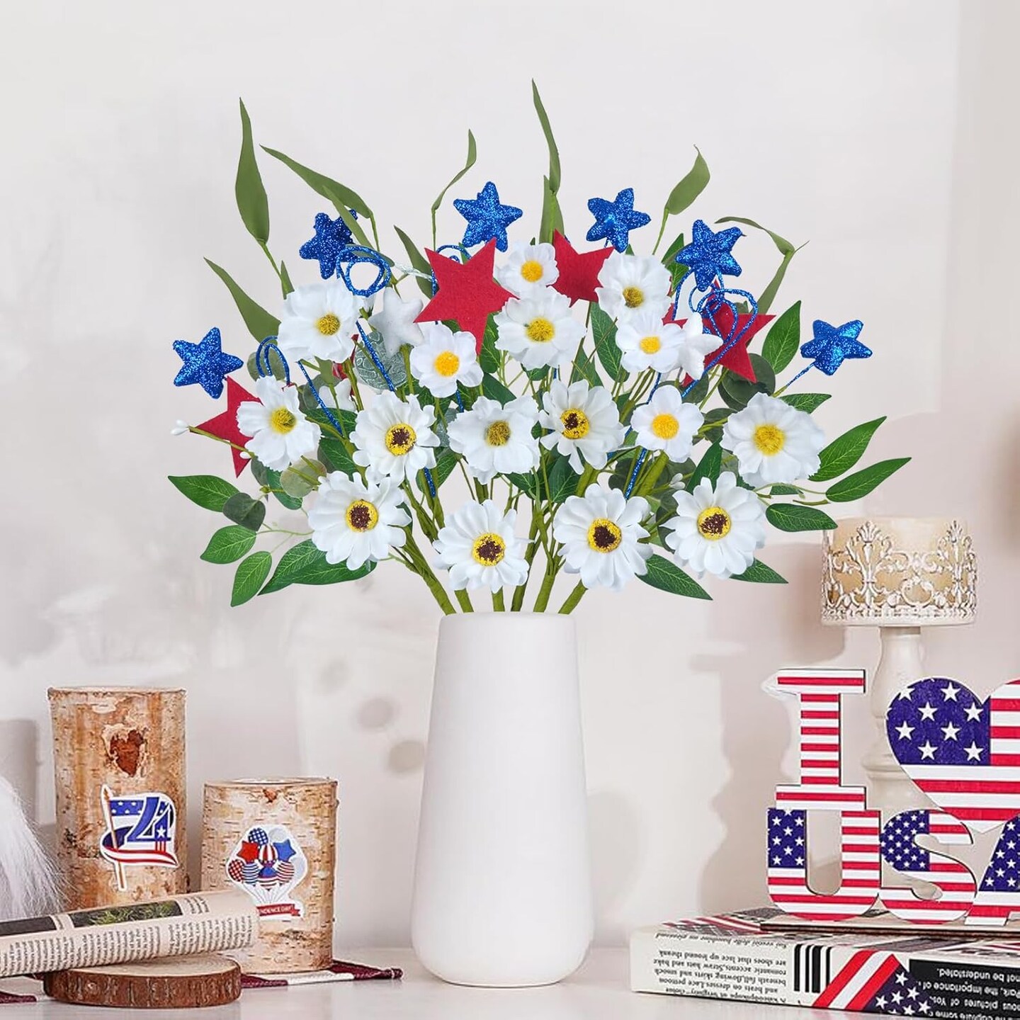 6 Pcs Artificial Flower Patriotic Memorial Bouquet White Silk Daisy Flowers Fake Wildflowers Bouquet with Blue Red Stars for 4th of July Independence Day