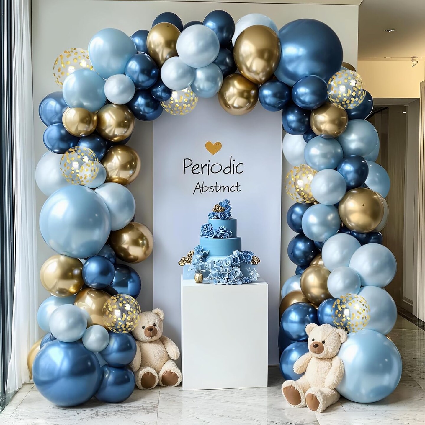 Blue And Gold Balloons Arch Kit, Double Stuffed Pastel Blue Balloon Arch Kit Dusty Navy Light Baby Metallic Blue Gold Confetti Balloons for Baby Boy Shower Wedding Birthday Party Decorations
