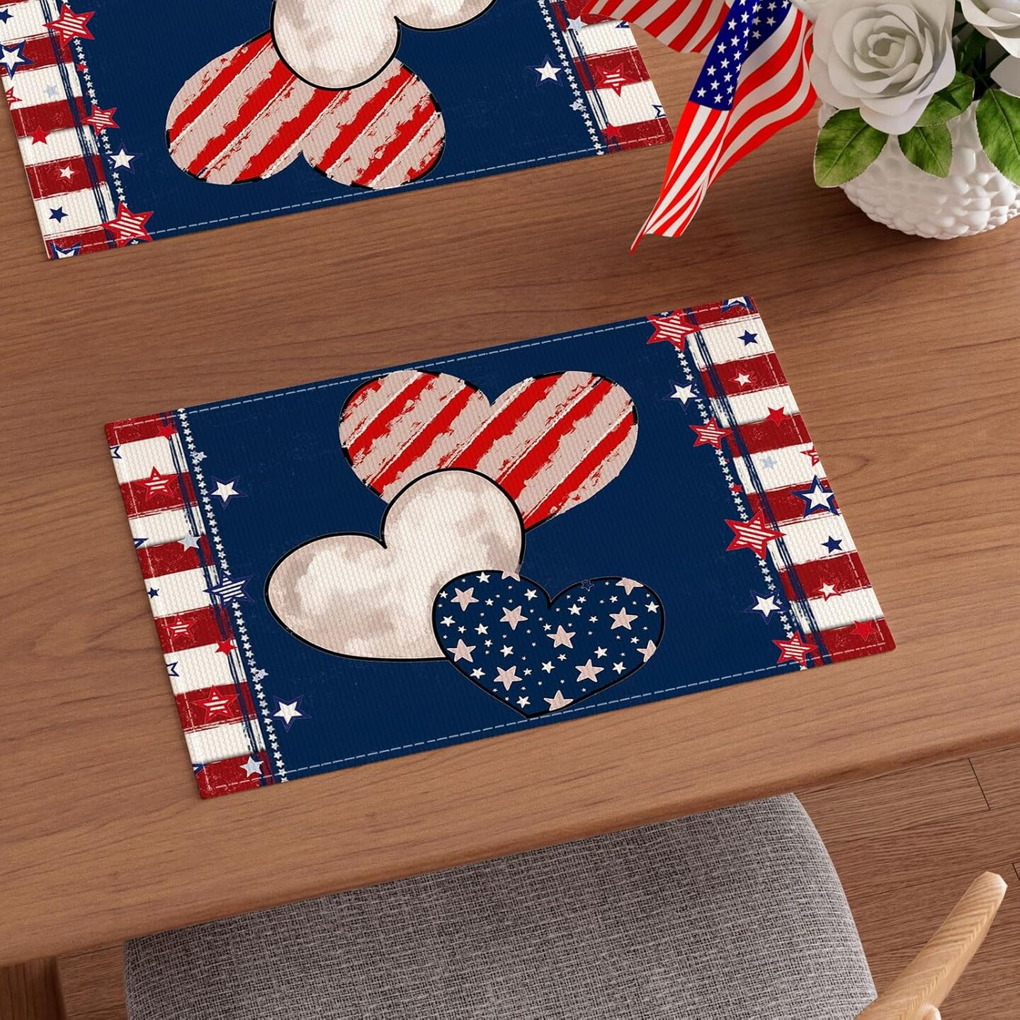 Heart Stripe Stars 4th of July Placemats Set of 4 12x18 Inch Patriotic America Memorial Day