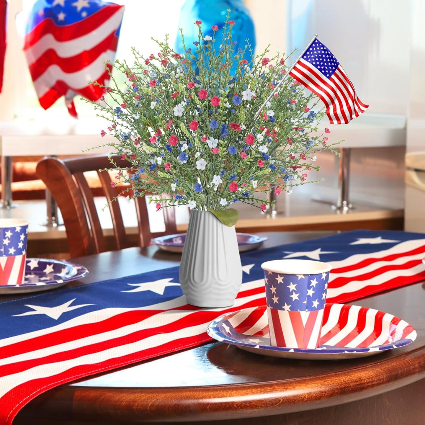 4th of July Artificial Red, White, and Blue Flowers - Patriotic Fake Wildflowers for Home Decor, Table Centerpieces, Weddings, and Party Decorations