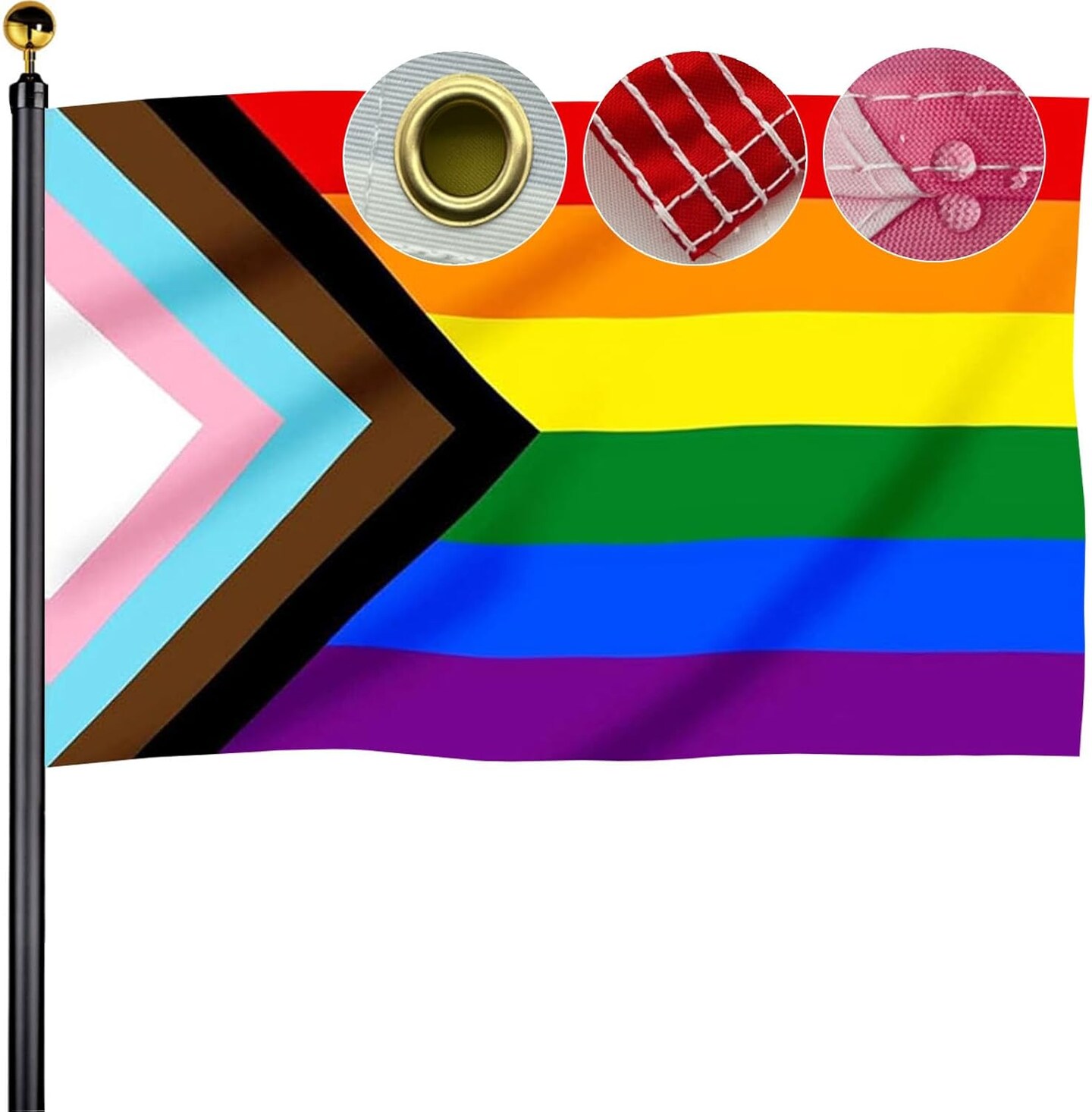 Progress Pride Flags 3x5 Outdoor Sewn Stripes Rainbow Flag Banner Heavy Duty Inclusive Progress Pride Rainbow Flags for Outside with 2 Brass Grommets UV protection Fade Resistant
