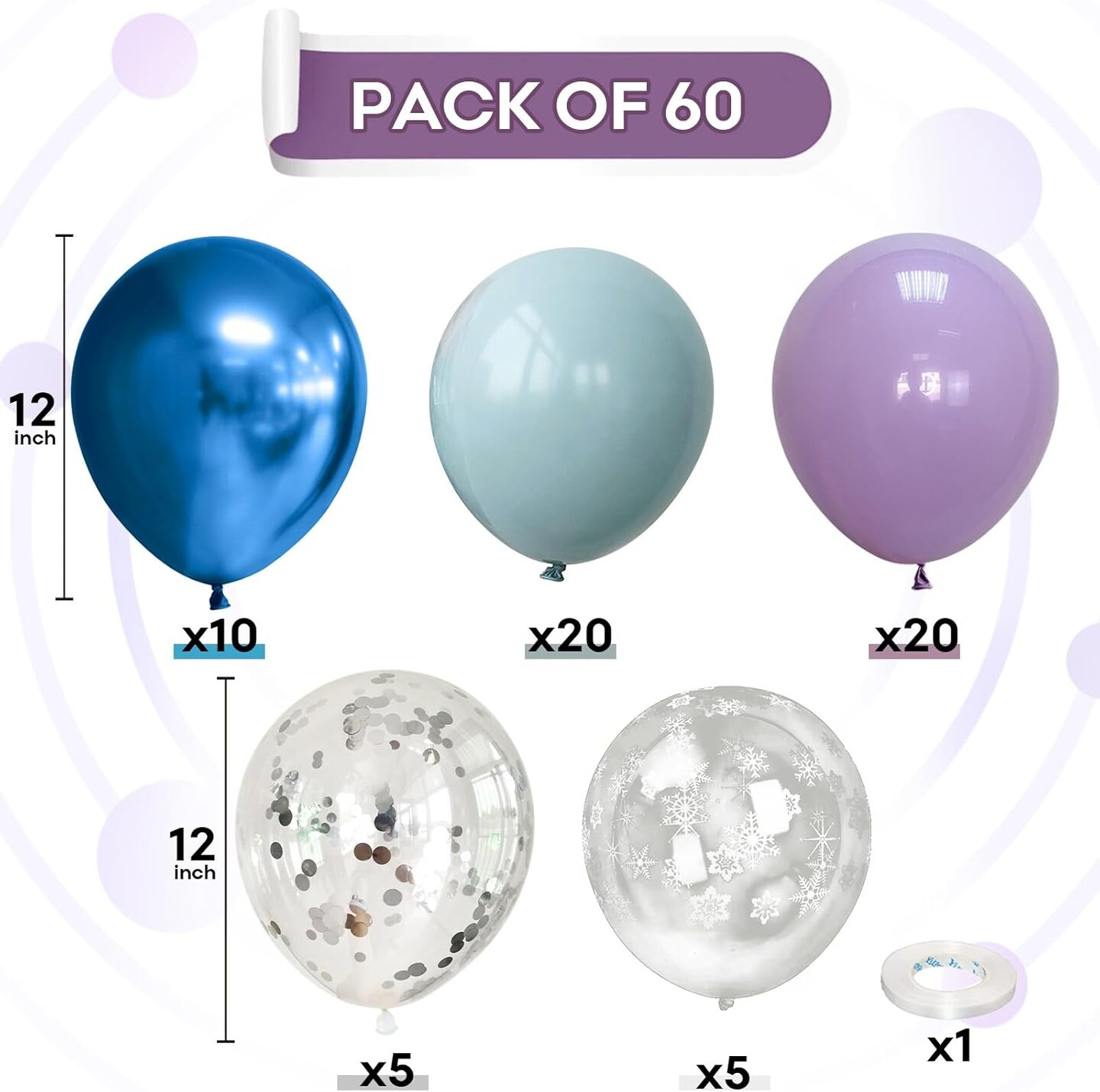 60Pcs Frozen Balloons, Dusty Light Blue Purple Metallic Dark Blue with Snowflake Clear Silver Confetti Latex Balloon for Girls Winter Wonderland Birthday Baby Shower Christmas Frozen Party Decorations