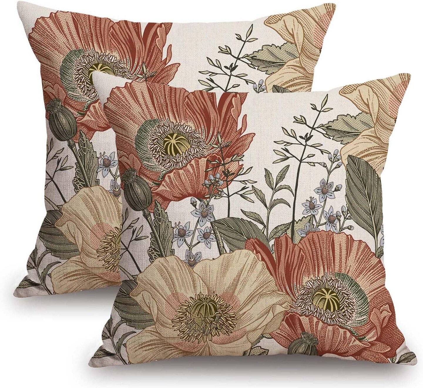 Vintage Flower Throw Pillow Covers 18x18 Brown Rust Colored Floral Botanical Pattern Decorative Pillows Outdoor Linen Farmhouse Cushion Case Country Pillowcase for Sofa Bed Room Decor Set of 2