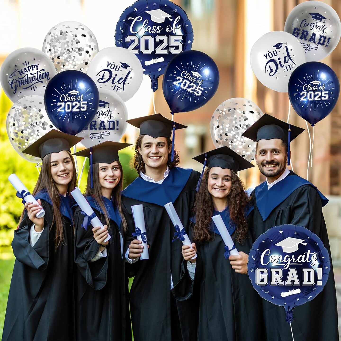 Navy Blue and Silver Graduation Balloons Graduation Decorations 2025, 51Pcs Grad Latex Balloons and Grad Foil Balloon with Confetti Ribbons Grad Party Decorations for College High School