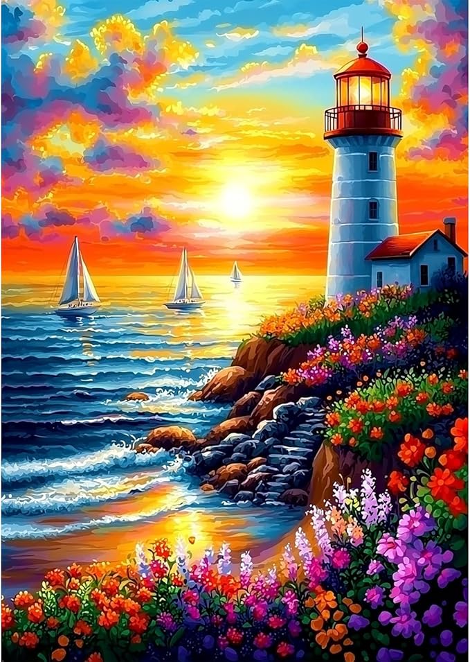 Lighthouse Sunset Seaside 5D Diamond Painting Kit for Adults