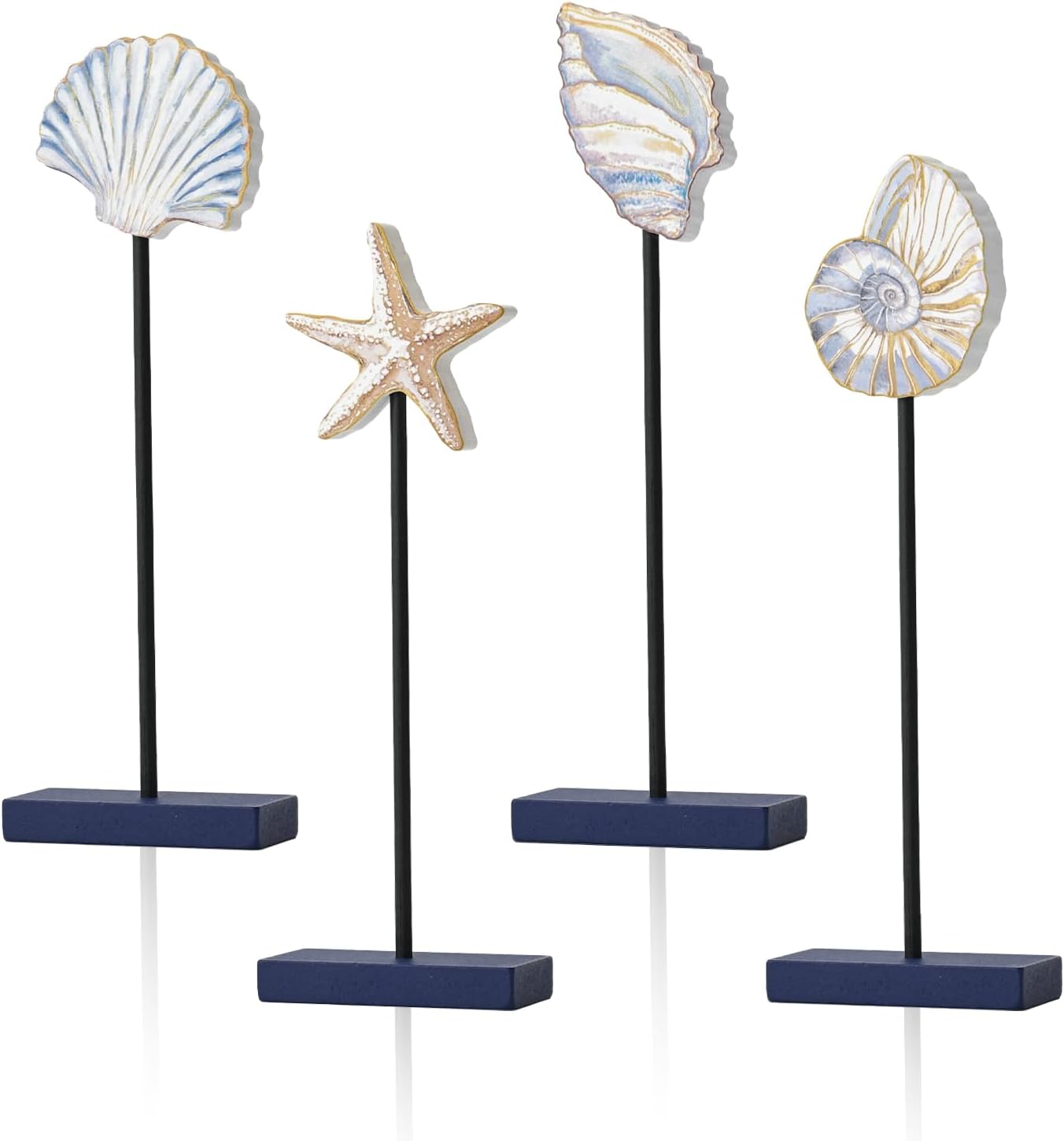 Greentek; 4 Pcs Wooden Summer Table Decor – Coastal Beach Block Signs with Conch, Starfish, Shell & Nautilus Design, Summer Indoor Decorations for Home Kitchen Shelf Mantel Table Centerpieces; Category:Tabletop Decor; Image:1