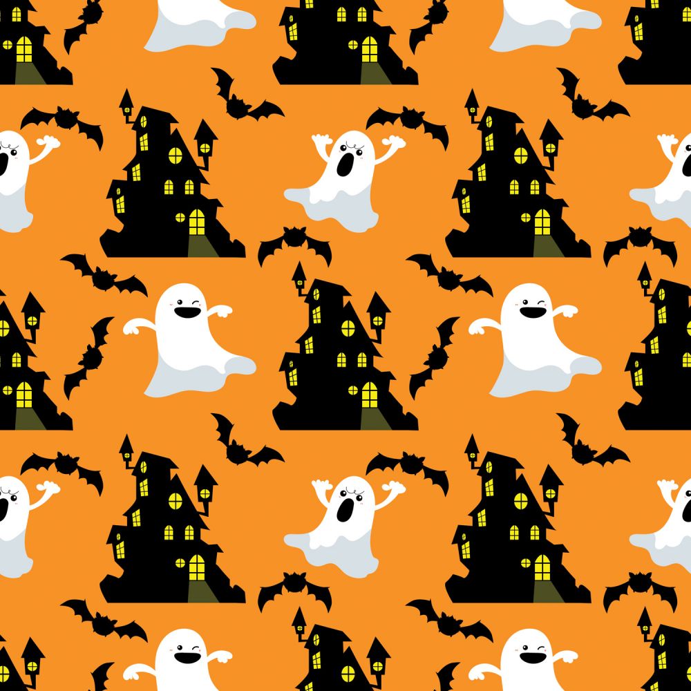 Halloween Ghosts and Haunted House on Orange 100% Cotton Fabric