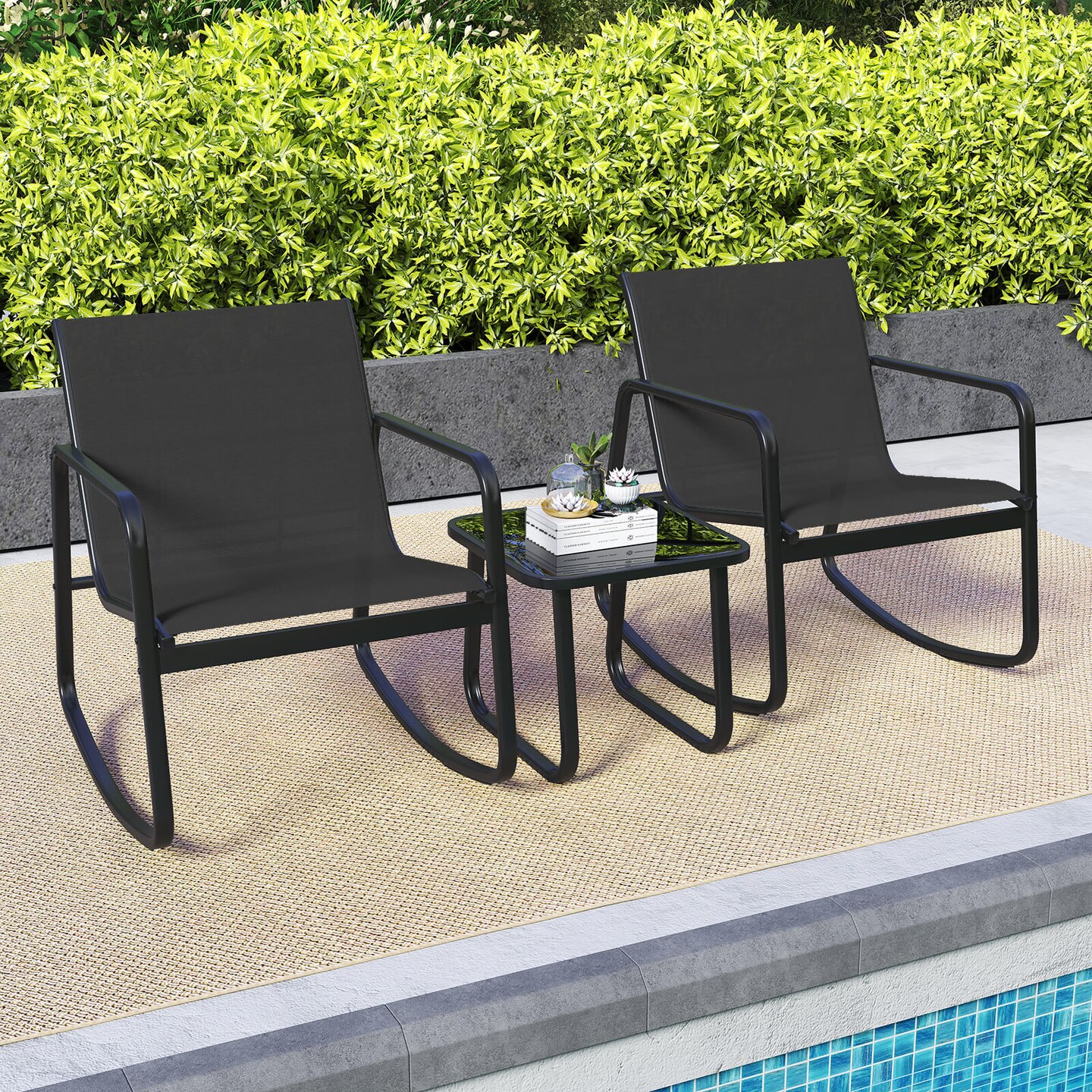 Costway 3 Piece Patio Rocking Set 2 Rocking Bistro Chairs & Glass-Top Table for Porch