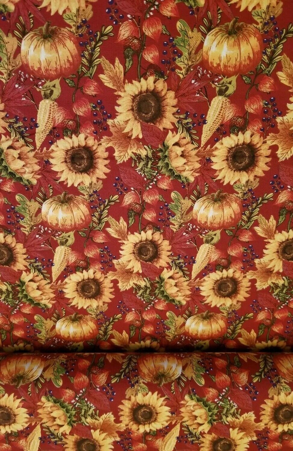 Fall Autumn Thanksgiving Pumpkins and Sunflowers on Burgundy 100% Cotton Fabric