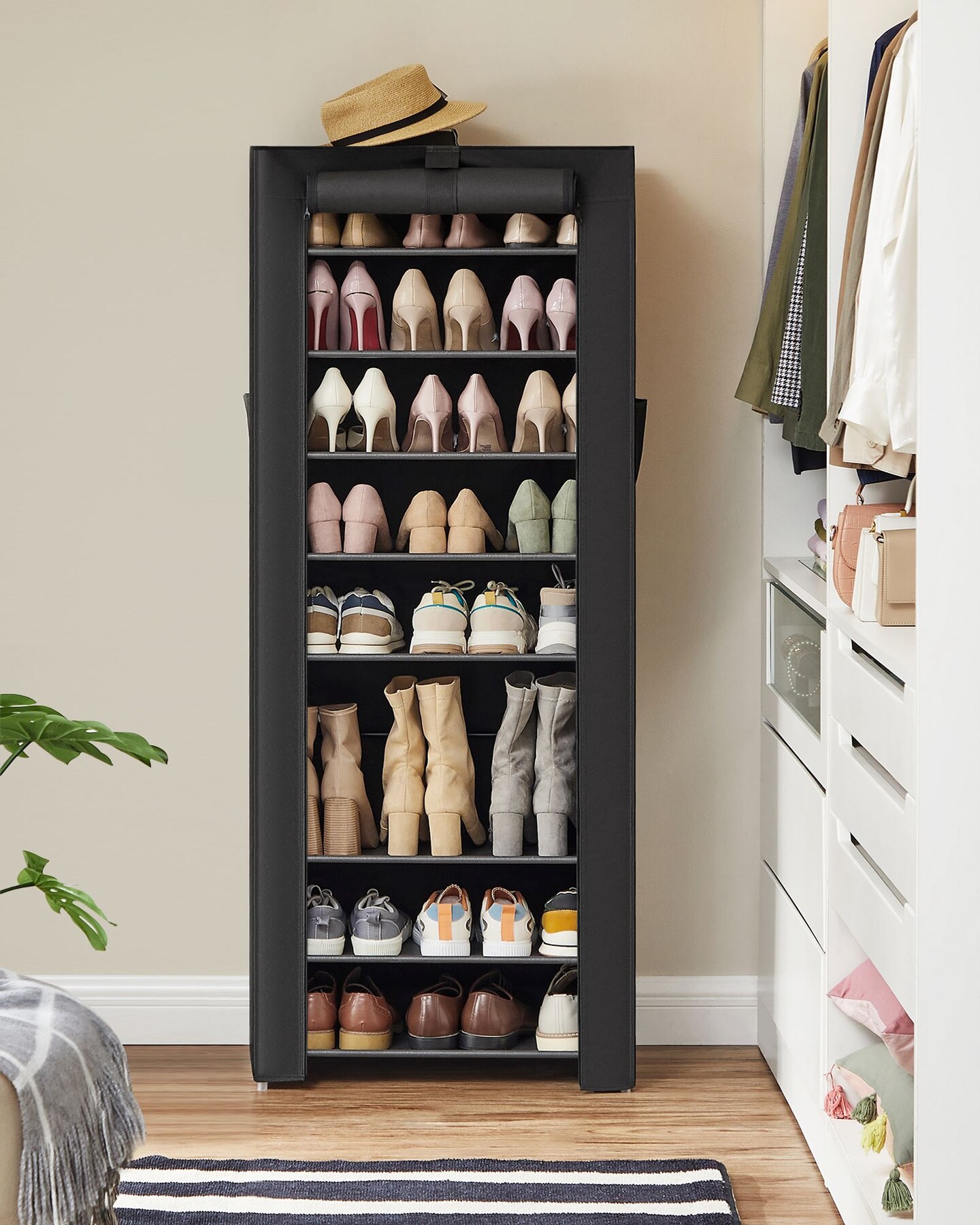 9 Tier Shoe Rack Organizer with Cover, Tall Slim Shoe Storage Shelf for Entryway Closet Bedroom with Metal Frame and Fabric Shelves