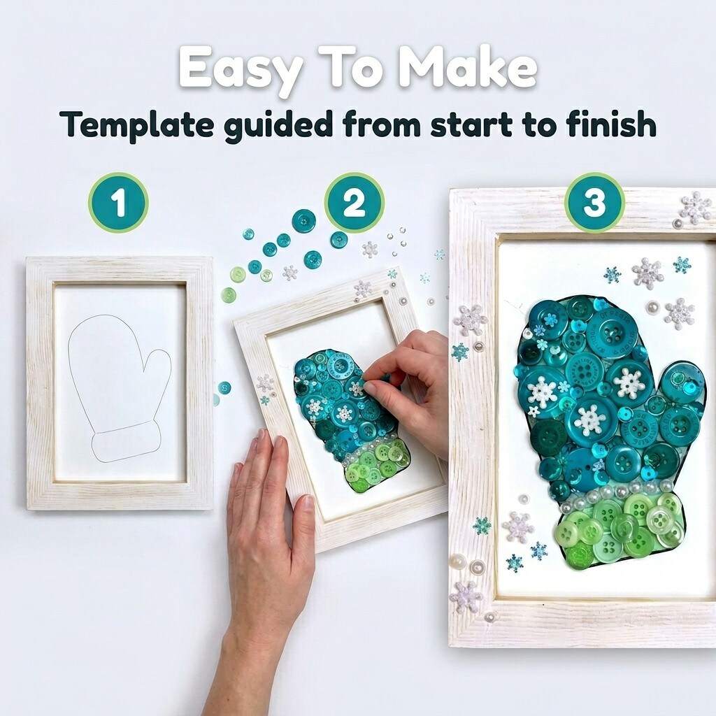 Button Art Frame Kit, Winter Mitten Design with Snowflakes, Wood Frame, Wall Decor