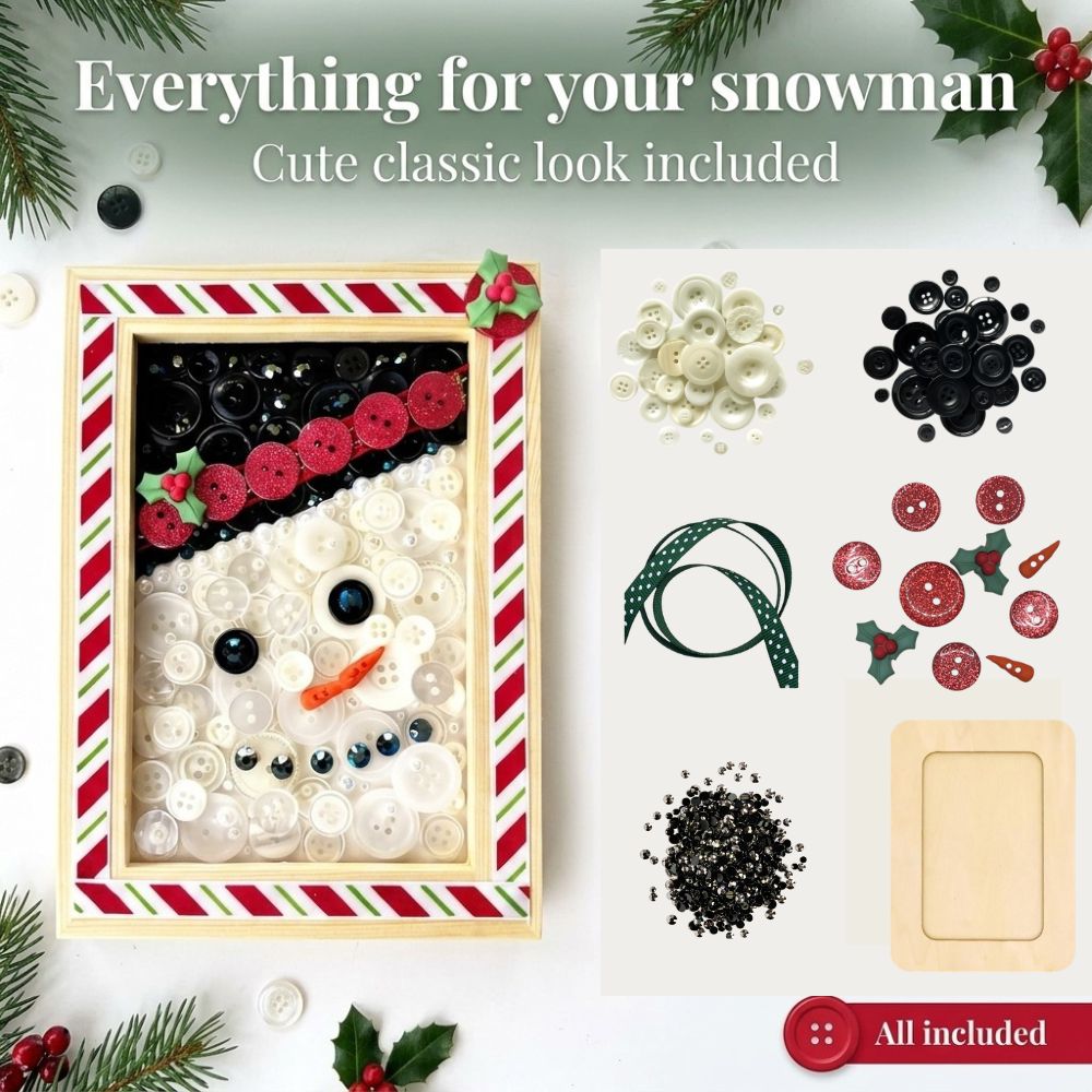 Winter Snowman DIY Button Art Frame Kit - Natural Wood, Holiday Craft Kit