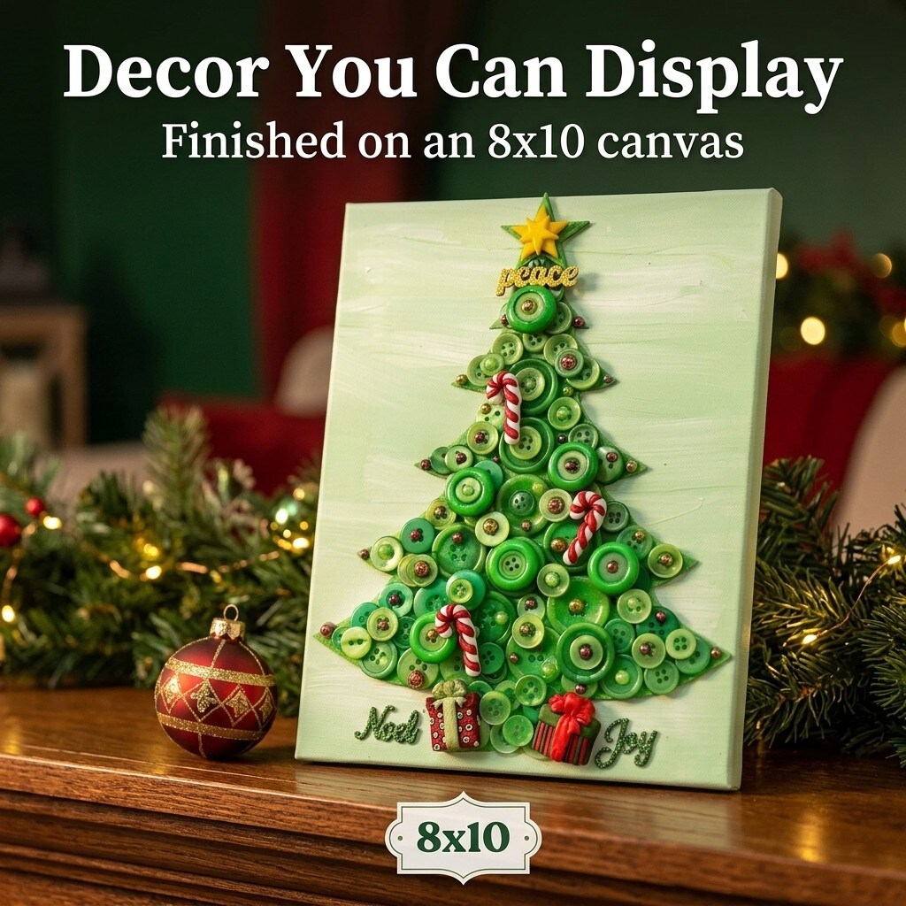 DIY Christmas Tree Button Art Canvas Kit – 8x10 Handmade Holiday Wall Art