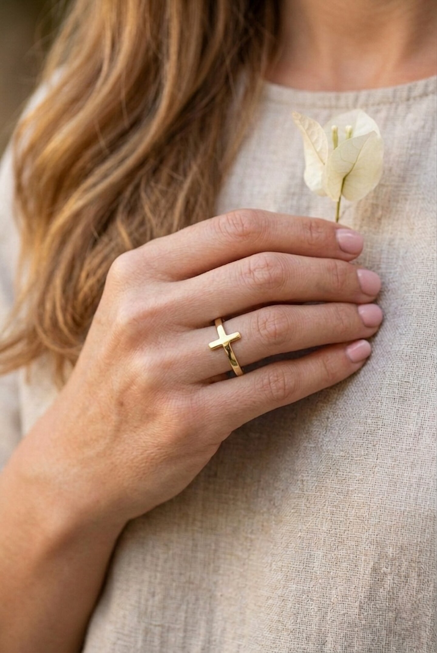 Solid 14k Gold Handcrafted Sideways Cross Ring - Elegant Everyday