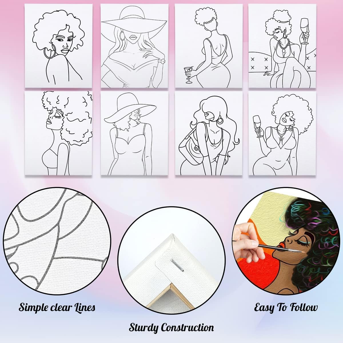 8-Pack Pre Drawn Canvas Painting Kit for Adults – 12x16 in Stretched Outline Canvas, Sip and Paint Party Supplies, Party Favor Kit for Beginners & Artists (Clear)