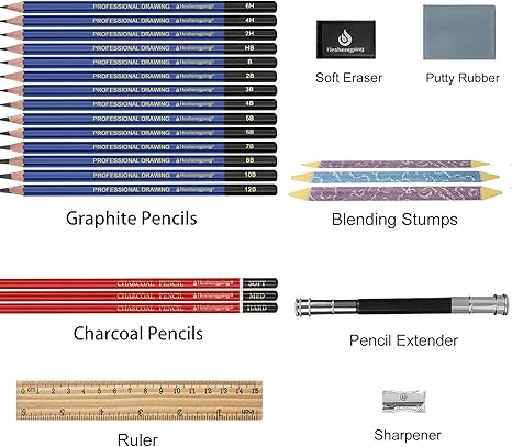 26 PCS Drawing Sketching Pencil Set – 14 Graphite Pencils (12B to 6H) Art Kit with Charcoal, Erasers, Sharpener & Extender – Professional Drawing Supplies for Artists & Beginners
