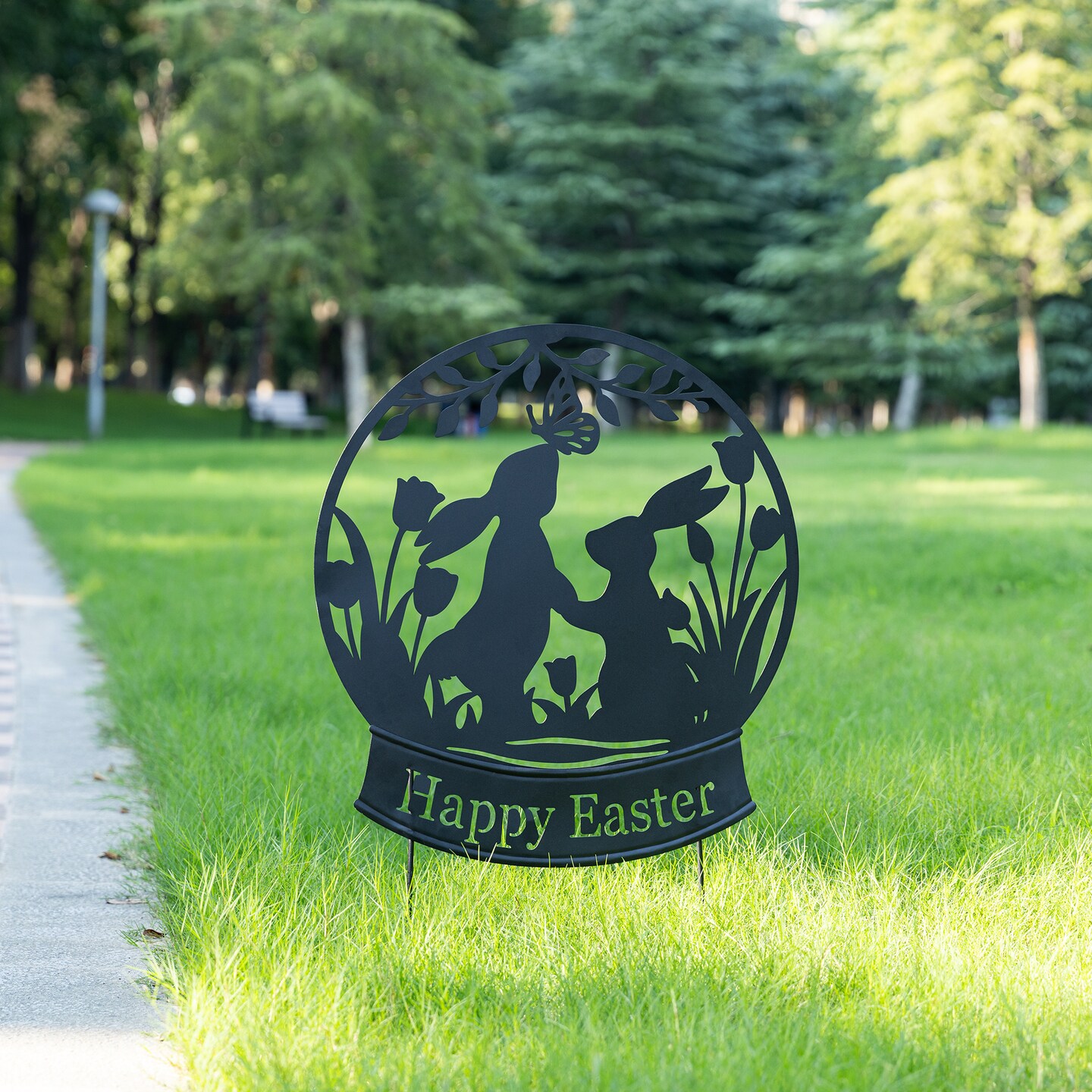 Set of 2 30"H Easter Metal Silhouette Bunny Couple Yard Stake/Wall Décor (KD, Two Function)