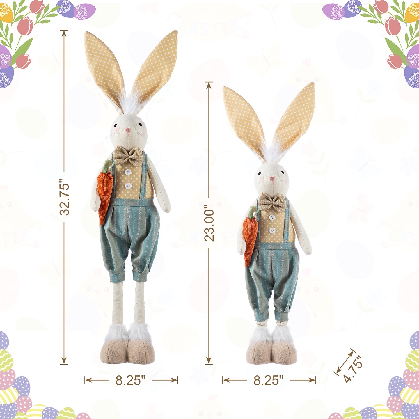 Set of 2 32.75"H/23"H Easter Fabric Boy Bunny with Telescoping Legs