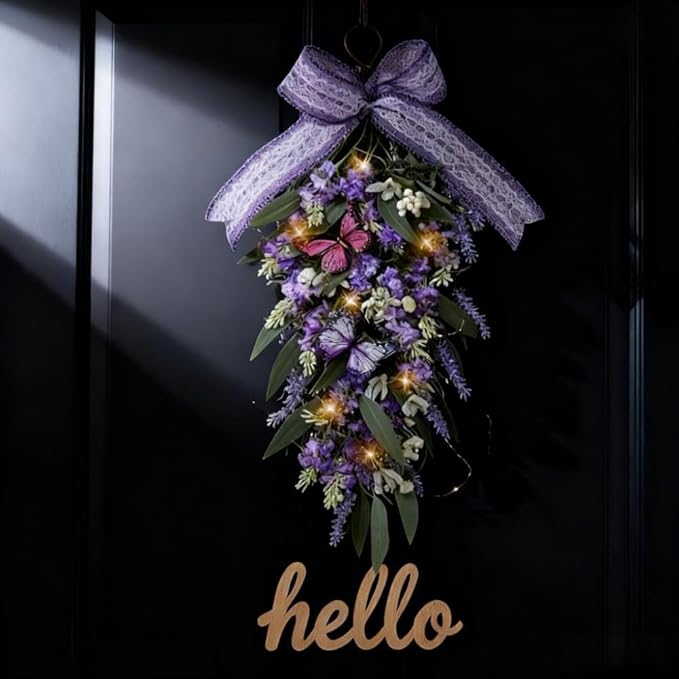 LED Teardrop Floral Wreath with Butterflies - 24" Pre-Lit Faux Lavender & Eucalyptus Hanging Swag - Farmhouse Purple Door Decor for Spring & Summer