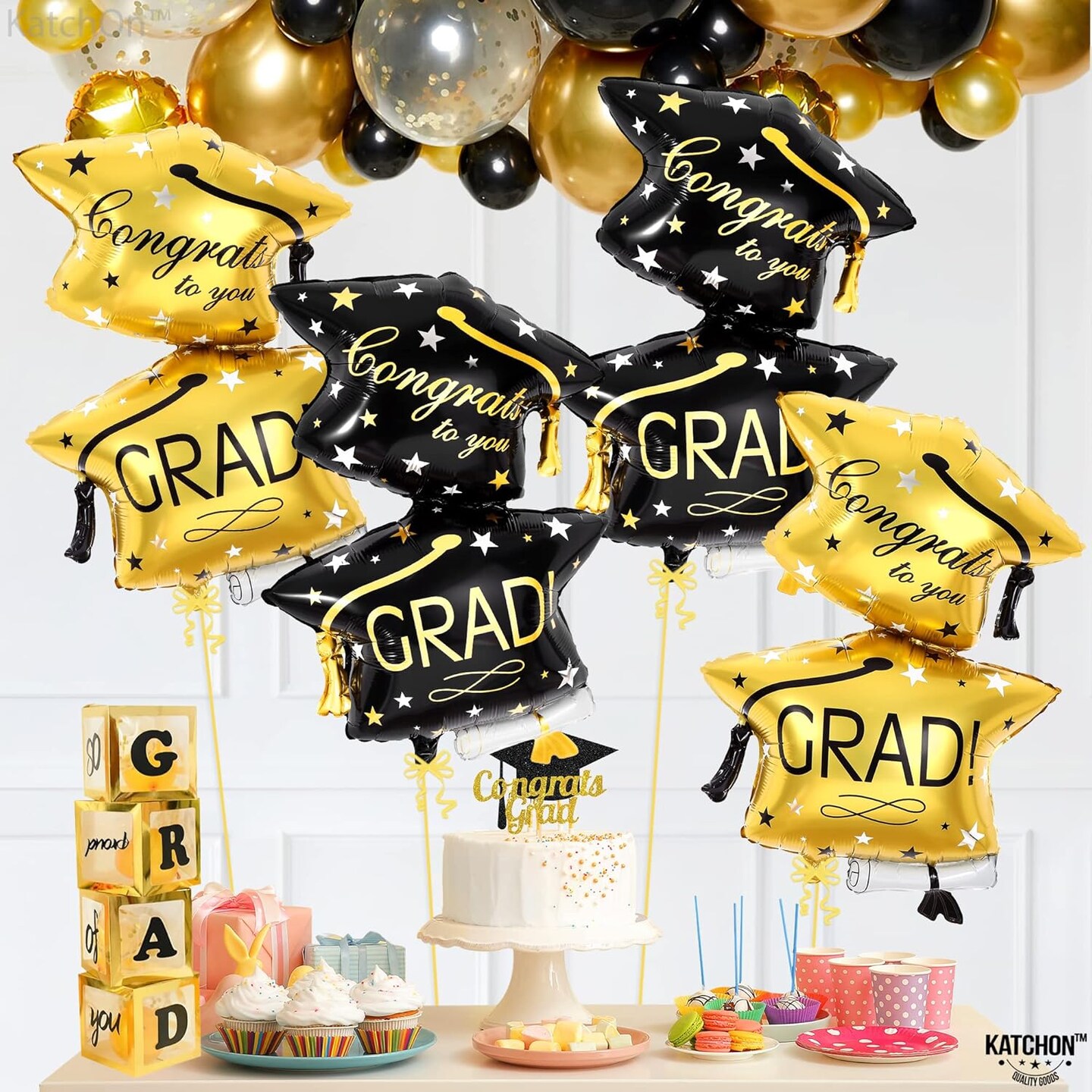 Graduation Party Balloons 2026 – 32-Inch Black & Gold Graduation Cap Foil Balloons (Pack of 4) for Class of 2026 Decorations