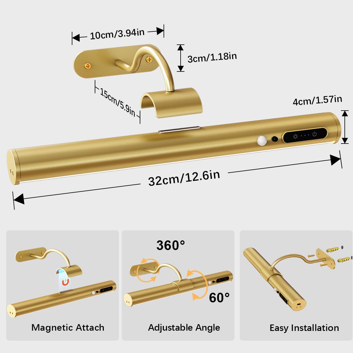 Motion Sensor Battery Operated Wall Sconce, Wireless Picture Lights for Wall, Rechargeable Magnetic Art Lighting with Remote Control, Battery Picture Light for Poster Dartboard Mirror – Gold