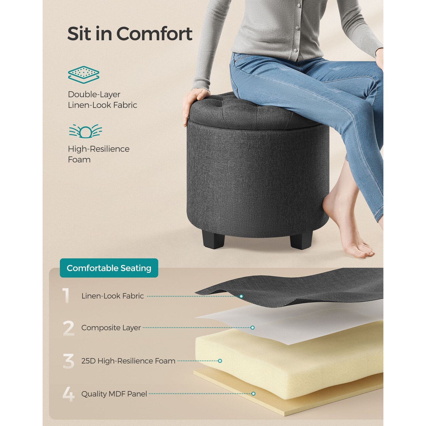 Round Storage Ottoman with Hidden Storage Upholstered Footstool Tufted Linen Look Fabric 330 LBS Capacity Dark Gray