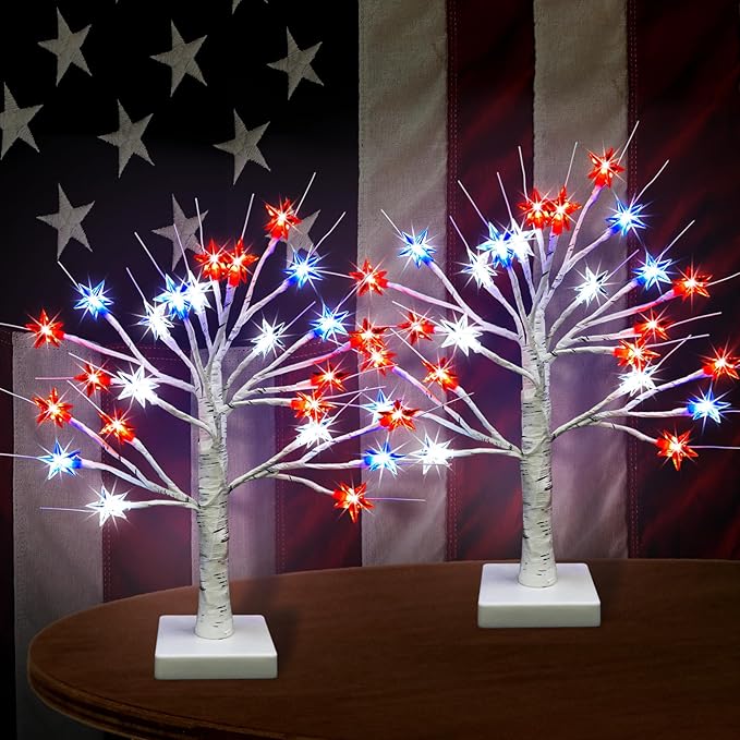 2-Pack 18" Patriotic Lighted Birch Trees - Battery Operated Tabletop Independence Day Decor - 24 LED Red, White, & Blue Crystal Star Lights with Timer for Mantel & Party Centerpiece