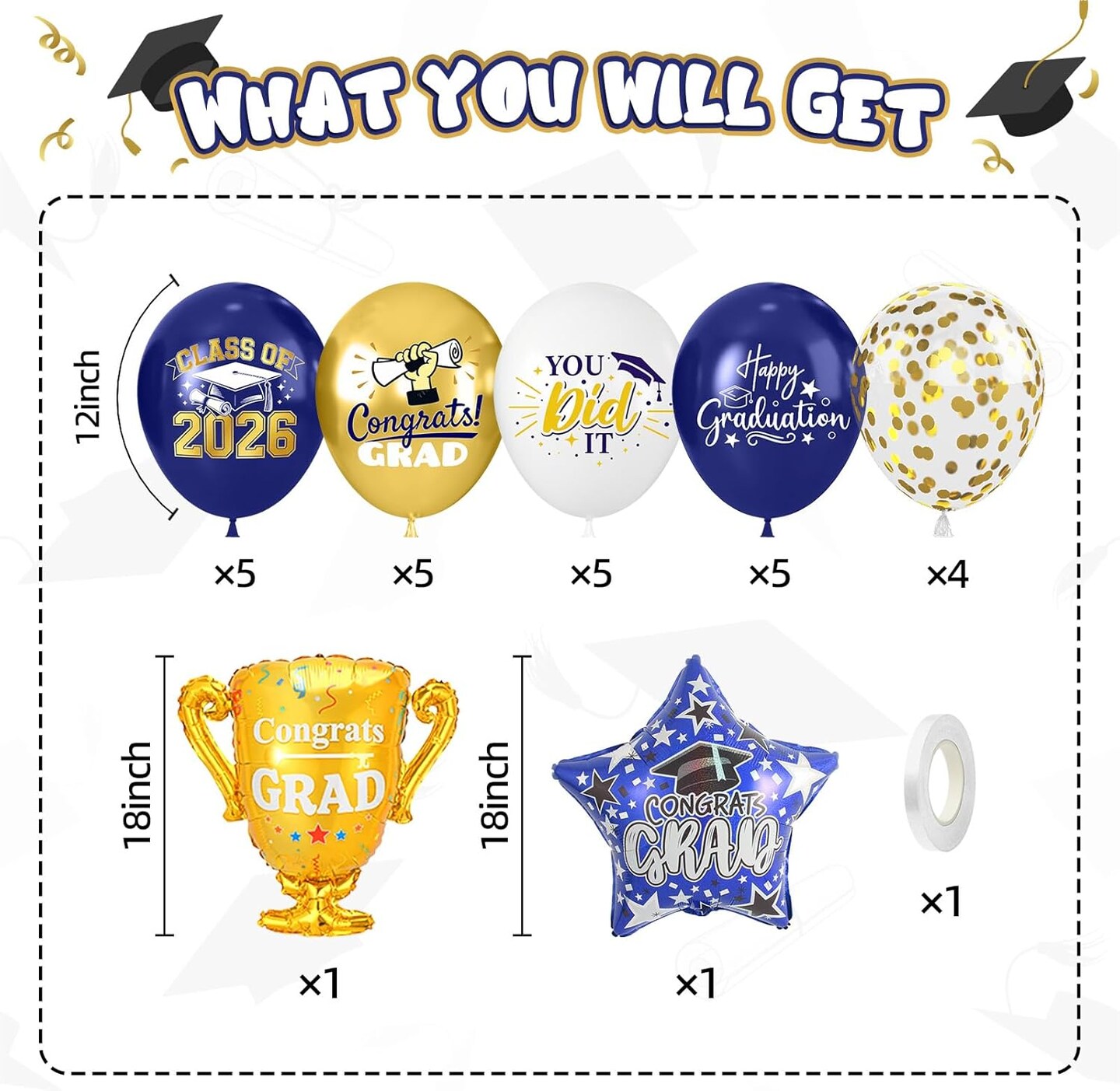 36Pcs Blue and Gold Graduation Balloons 2026 - Navy and Gold Latex Set with Trophy & Star Foil Balloons - Class of 2026 Congrats Grad Party Supplies for College and High School