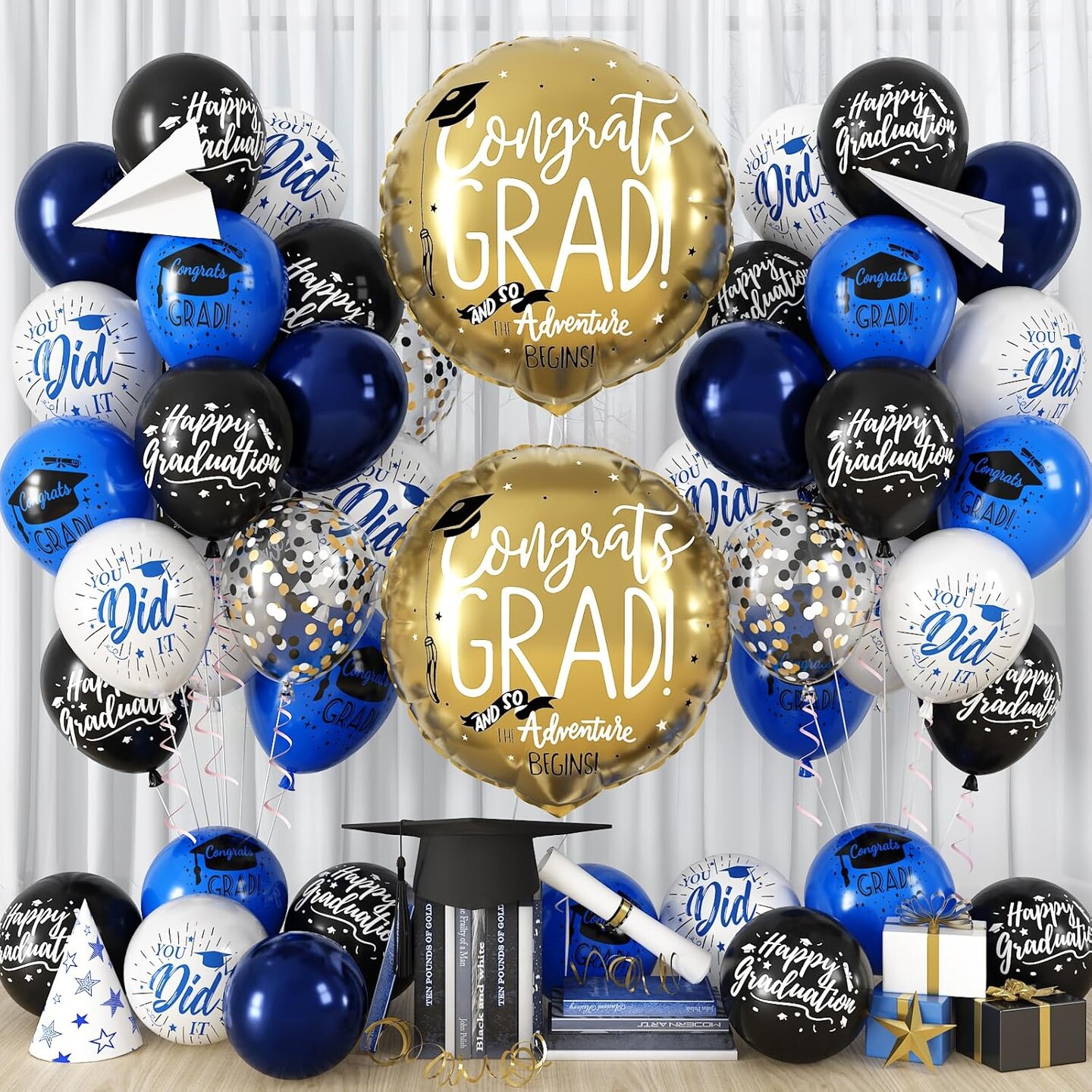 32Pcs Blue and Black Graduation Balloons 2026 - Navy, Black & White Latex Set with Confetti and Mylar Balloons - Class of 2026 Congrats Grad Party Decorations for High School and College