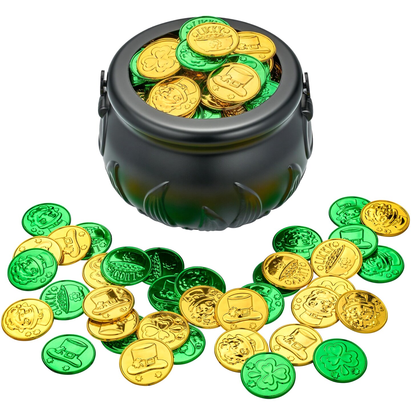 JOYIN 208 St Patrick’s Day Lucky Leprechaun Plastic Coins and 1 Large Black Cauldron with Handle Pot of Gold Party Supplies, St Patrick Decorations Party Favors