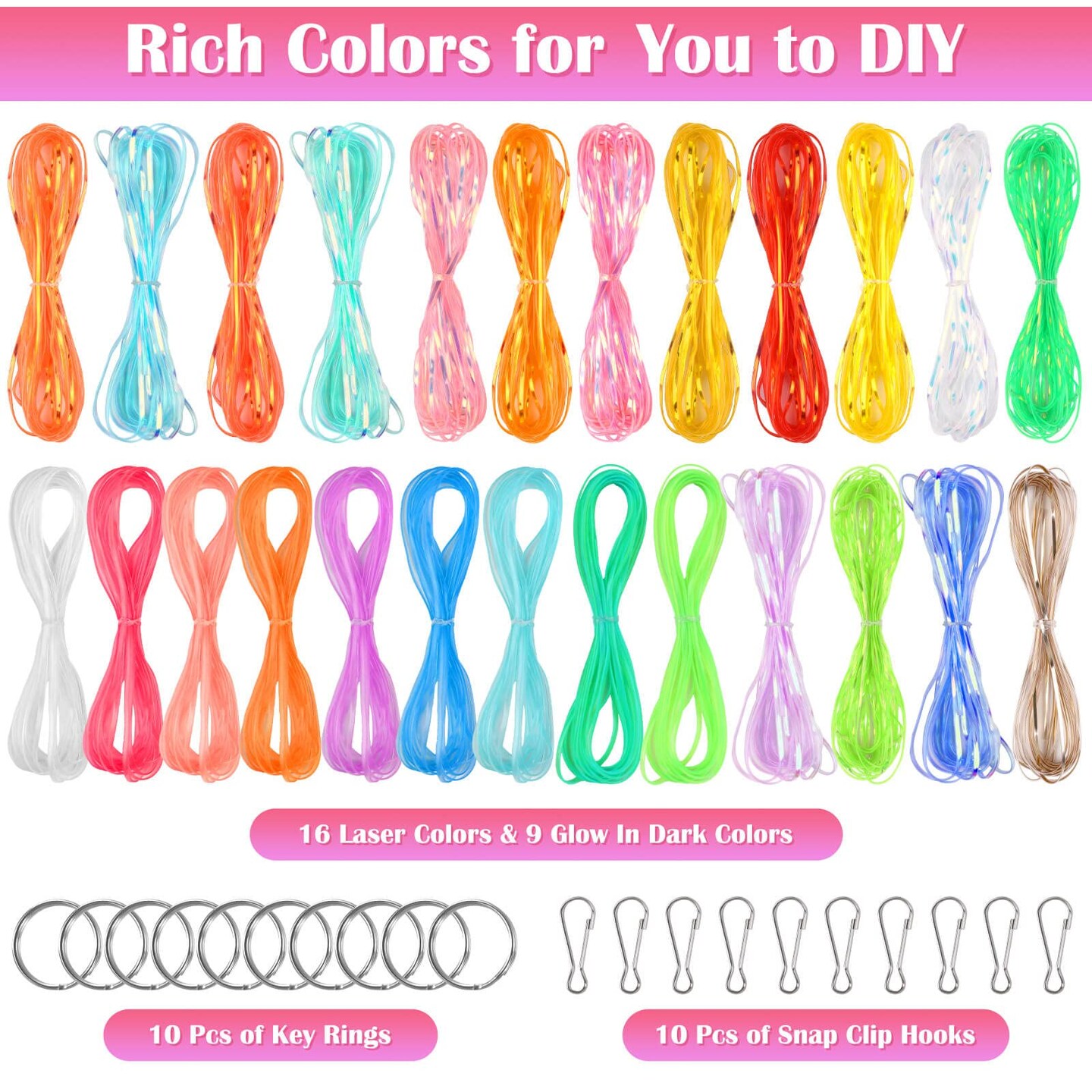 Lanyard String Kit, Cridoz 25 Bundles Gimp String Plastic Lacing Cord with 20pcs Snap Clip Hooks and Keyrings for Boondoggle Crafts, Bracelets and Lanyard Weaving (Laser & Glow in Dark)