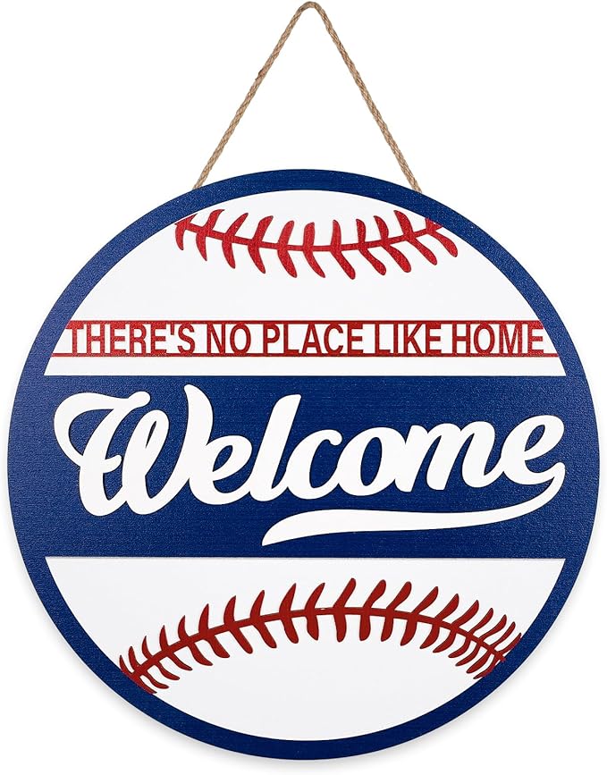 3D Baseball Welcome Door Sign Baseball Shaped Wooden Hanging Sign Sports Ball Theme Front Door Hanger for Indoor Outdoor Porch Patio Playroom Decor
