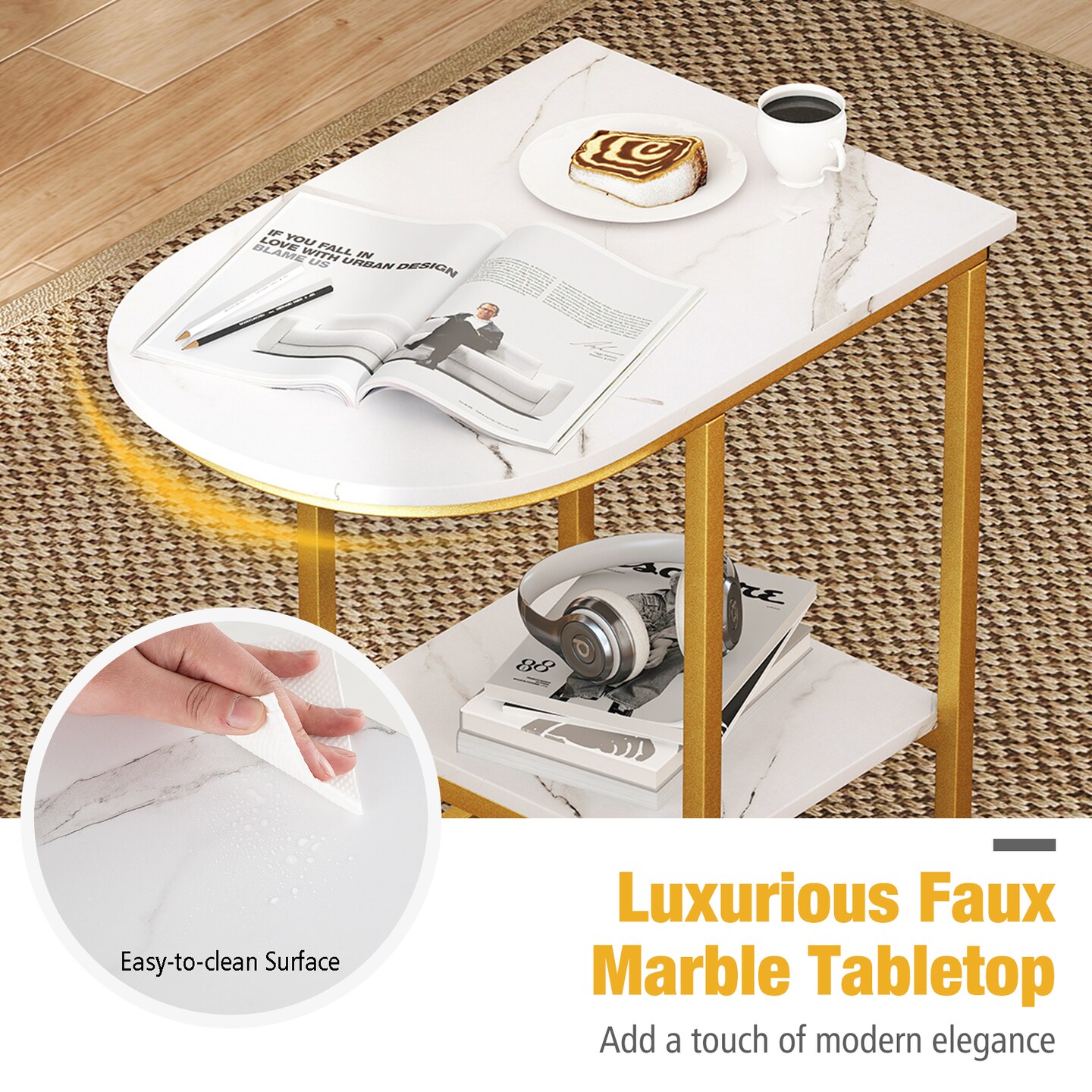 Modern C-shaped Side Table with Faux Marble Top and 2-Tier Storage Shelf